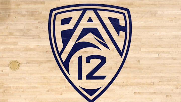 Feb 7, 2024; Berkeley, California, USA; The Pac-12 logo is seen on the court of Haas Pavilion before the game between the California Golden Bears and the USC Trojans at Haas Pavilion. Feb 7, 2024; Berkeley, California, USA; The Pac-12 logo is seen on the court of Haas Pavilion before the game between the California Golden Bears and the USC Trojans at Haas Pavilion.