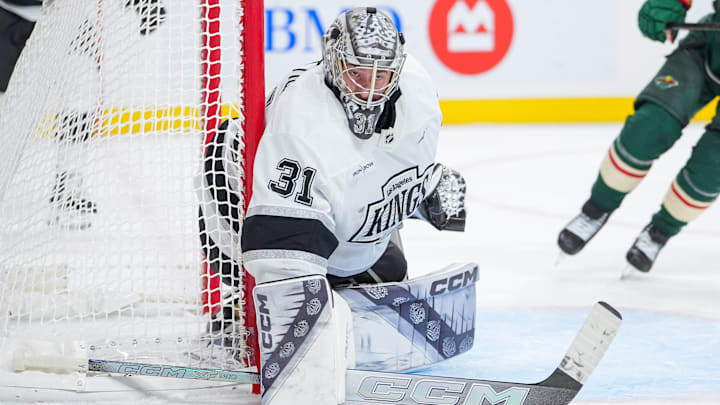 Nov 5, 2024; Saint Paul, Minnesota, USA; Los Angeles Kings goaltender David Rittich (31) watches the puck against the Minnesota Wild in the second period at Xcel Energy Center. Mandatory Credit: Brad Rempel-Imagn Images