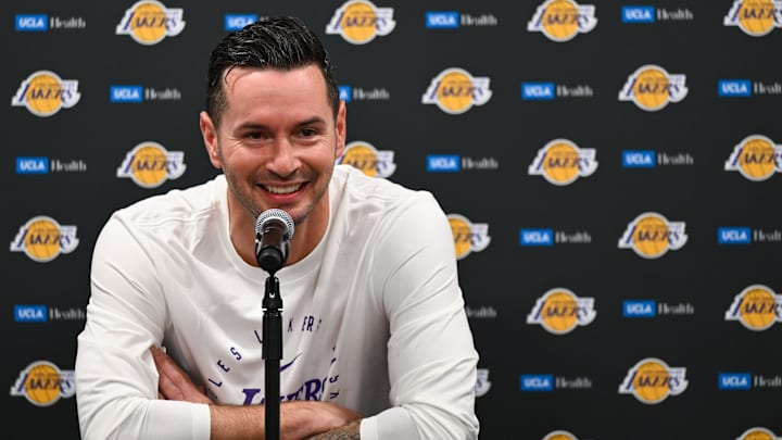 Oct 4, 2024; Palm Desert, California, USA; Los Angeles Lakers head coach JJ Redick speaks to press before the game against the Minnesota Timberwolves at Acrisure Arena. Mandatory Credit: Jonathan Hui-Imagn Images