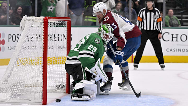 Mar 6, 2026; Dallas, Texas, USA; Colorado Avalanche right wing Valeri Nichushkin (13) scores a goal against Dallas Stars goaltender Jake Oettinger (29) during the overtime shootout period at the American Airlines Center. Mandatory Credit: Jerome Miron-Imagn Images