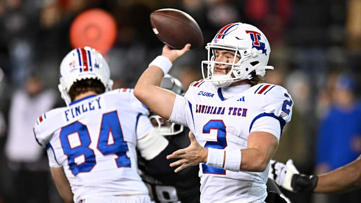 Nov 15, 2025; Pullman, Washington, USA; Louisiana Tech Bulldogs quarterback Trey Kukuk (2) throws a pass against the Washington State Cougars in the second half at Gesa Field at Martin Stadium. Mandatory Credit: James Snook-Imagn Images