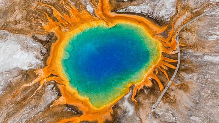 Aerial view of Yellowstone National Park's Grand Prismatic Spring