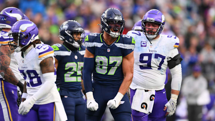 Dec 22, 2024; Seattle, Washington, USA; Seattle Seahawks tight end Noah Fant (87) celebrates after a first down against the Minnesota Vikings during the second half at Lumen Field. Mandatory Credit: Steven Bisig-Imagn Images