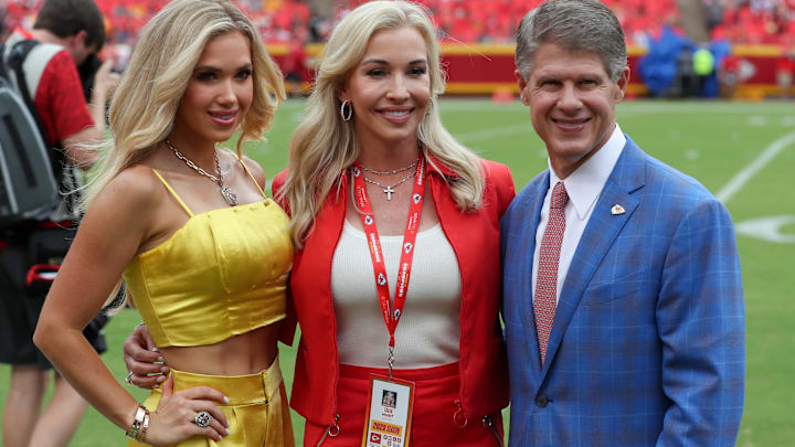 Kansas City Chiefs owner Clark Hunt, wife Tavia and daughter Gracie before a game at Arrowhead Stadium.  