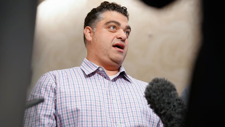 Nov 8, 2022; Las Vegas, NV, USA; Los Angeles Angels general manager Perry Minasian answers questions