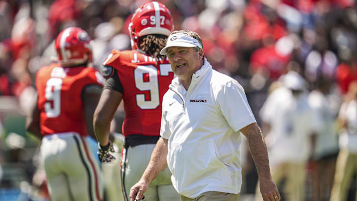 Apr 12, 2025; Athens, GA, USA; Georgia Bulldogs head coach Kirby Smart shown during the Georgia Spring game at Sanford Stadium. Mandatory Credit: Dale Zanine-Imagn Images
