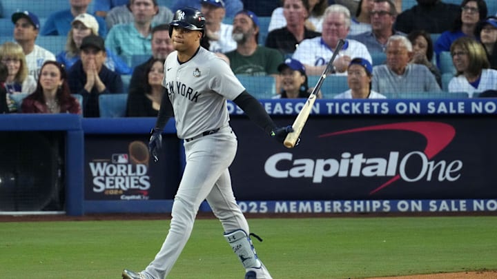 Oct 26, 2024; Los Angeles, California, USA; New York Yankees outfielder Juan Soto (22) reacts after hitting a home run against the Los Angeles Dodgers in the third inning for game two of the 2024 MLB World Series at Dodger Stadium. Mandatory Credit: Kirby Lee-Imagn Images