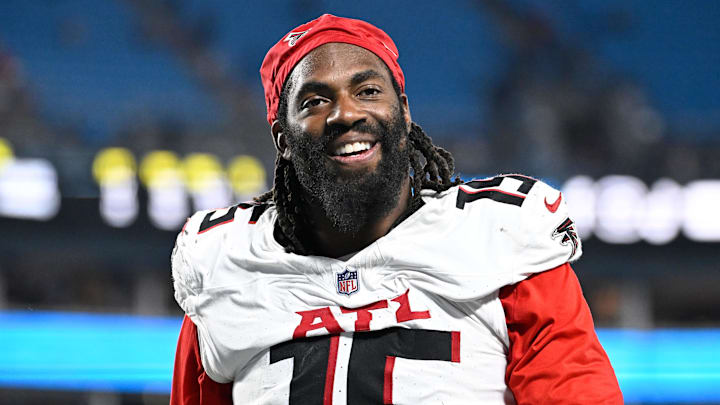 Oct 13, 2024; Charlotte, North Carolina, USA; Atlanta Falcons linebacker Matthew Judon walks off the field after the game at Bank of America Stadium. Mandatory Credit: Bob Donnan-Imagn Images