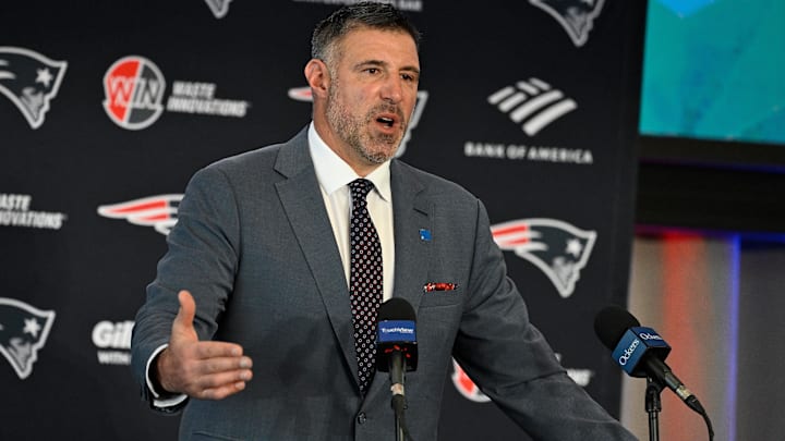 Mike Vrabel addresses media at a press conference to announce his hiring as the head coach of the New England Patriots at Gillette Stadium.