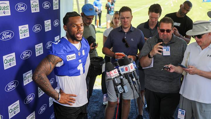 Jul 30, 2026; White Sulphur Springs, WV, USA; New York Giants wide receiver Malik Nabers (1) speaks to the media after practice during training camp at The Greenbrier Resort Sports Performance Center. Mandatory Credit: Ben Queen-Imagn Images Jul 30, 2026; White Sulphur Springs, WV, USA; New York Giants wide receiver Malik Nabers (1) speaks to the media after practice during training camp at The Greenbrier Resort Sports Performance Center. Mandatory Credit: Ben Queen-Imagn Images