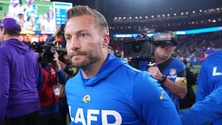 Jan 13, 2025; Glendale, AZ, USA; Los Angeles Rams head coach Sean McVay after the NFC wild card game against the Minnesota Vikings at State Farm Stadium. Mandatory Credit: Joe Camporeale-Imagn Images Jan 13, 2025; Glendale, AZ, USA; Los Angeles Rams head coach Sean McVay after the NFC wild card game against the Minnesota Vikings at State Farm Stadium. Mandatory Credit: Joe Camporeale-Imagn Images