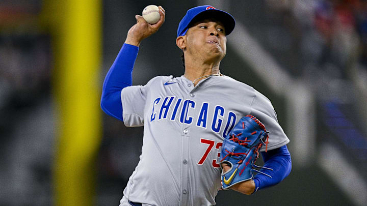 Mar 31, 2024; Arlington, Texas, USA; Chicago Cubs relief pitcher Adbert Alzolay (73) pitches Mar 31, 2024; Arlington, Texas, USA; Chicago Cubs relief pitcher Adbert Alzolay (73) pitches