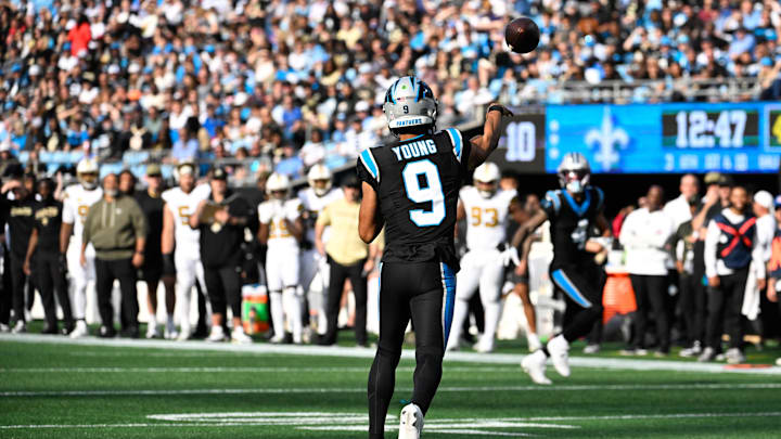 Nov 9, 2025; Charlotte, North Carolina, USA; Carolina Panthers quarterback Bryce Young (9) throws a pass during the third quarter against the New Orleans Saints at Bank of America Stadium. Mandatory Credit: Bob Donnan-Imagn Images
