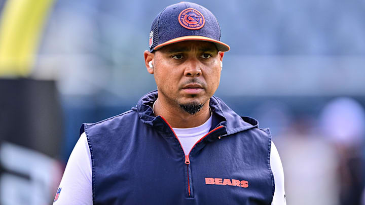 Chicago Bears general manager Ryan Poles looks on before the game against the Cincinnati Bengals at Soldier Field.
