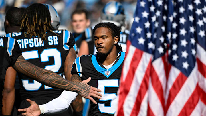 Nov 9, 2025; Charlotte, North Carolina, USA; Carolina Panthers running back Rico Dowdle (5) during player introductions at Bank of America Stadium. Mandatory Credit: Bob Donnan-Imagn Images