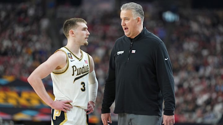 Purdue Boilermakers guard Braden Smith (3) talks with head coach Matt Painter.