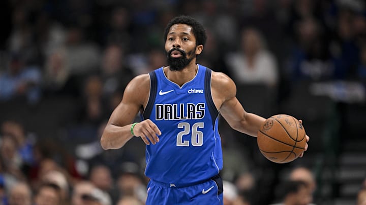 Mar 31, 2025; Dallas, Texas, USA; Dallas Mavericks guard Spencer Dinwiddie (26) in action during the game between the Dallas Mavericks and the Brooklyn Nets at the American Airlines Center. Mandatory Credit: Jerome Miron-Imagn Images