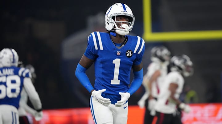 Nov 9, 2025; Berlin, Germany; Indianapolis Colts cornerback Sauce Gardner (1) reacts against the Atlanta Falcons during the NFL Berlin Game at Olympic Stadium. 
