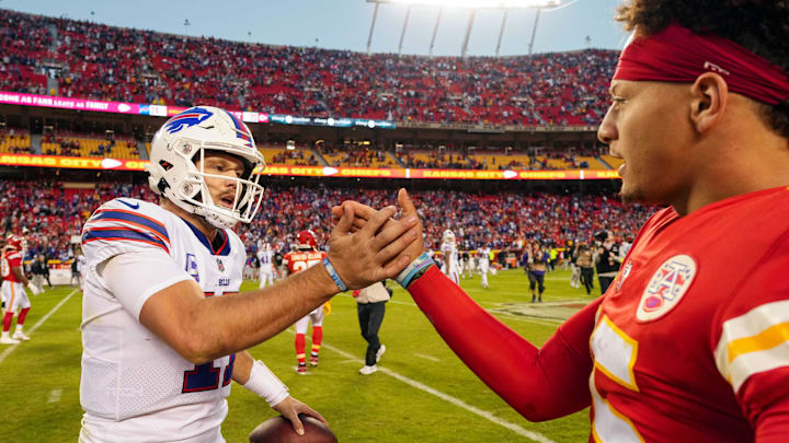 Oct 16, 2022; Kansas City, Missouri, USA; Buffalo Bills quarterback Josh Allen (17) shakes hands with Kansas City Chiefs quarterback Patrick Mahomes (15) after a game at GEHA Field at Arrowhead Stadium. Mandatory Credit: Jay Biggerstaff-Imagn Images Oct 16, 2022; Kansas City, Missouri, USA; Buffalo Bills quarterback Josh Allen (17) shakes hands with Kansas City Chiefs quarterback Patrick Mahomes (15) after a game at GEHA Field at Arrowhead Stadium. Mandatory Credit: Jay Biggerstaff-Imagn Images