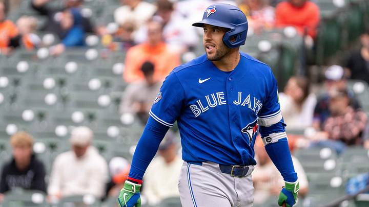 Sep 23, 2026: Toronto Blue Jays designated hitter George Springer (4) reacts after striking out during the fourth inning at Oriole Park at Camden Yards. Credit: Jamie LeBlanc-Imagn Images