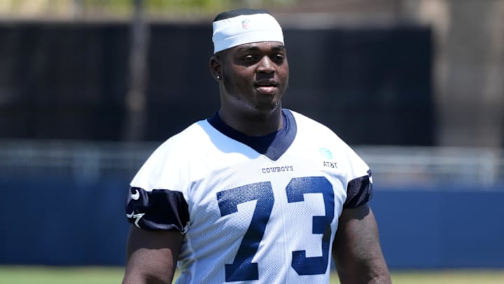 Oxnard, CA, USA; Dallas Cowboys offensive tackle Tyler Smith during training camp at the River Ridge Fields. Oxnard, CA, USA; Dallas Cowboys offensive tackle Tyler Smith during training camp at the River Ridge Fields.