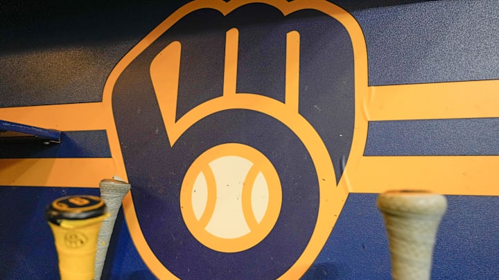 Apr 18, 2025; Milwaukee, Wisconsin, USA;  General view of the Milwaukee Brewers logo in the dugout during batting practice prior to the game against the Athletics at American Family Field. Mandatory Credit: Jeff Hanisch-Imagn Images