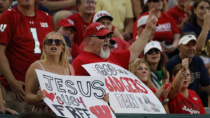 Sep 6, 2026; Green Bay, Wisconsin, USA;  Wisconsin Badgers fans react at Lambeau Field.  Mandatory Credit: Michael Caterina-Imagn Images
