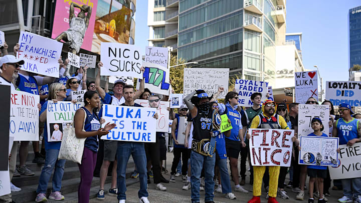 Protest outside of American Airlines Center on February 8