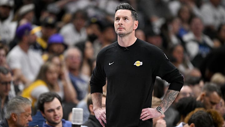 Apr 9, 2025; Dallas, Texas, USA; Los Angeles Lakers head coach JJ Redick during the game between the Dallas Mavericks and the Los Angeles Lakers at American Airlines Center. Mandatory Credit: Jerome Miron-Imagn Images Apr 9, 2025; Dallas, Texas, USA; Los Angeles Lakers head coach JJ Redick during the game between the Dallas Mavericks and the Los Angeles Lakers at American Airlines Center. Mandatory Credit: Jerome Miron-Imagn Images