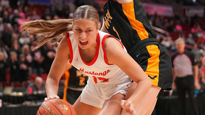 Ava Smid of Dallas Center-Grimes drives to the basket in the quarterfinals of the Iowa girls basketball state tournament, March 3, 2026.