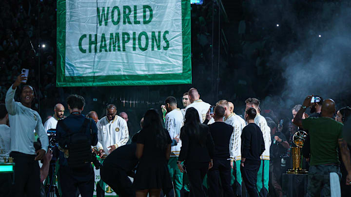The Celtics raised their 18th championship banner in franchise history on Tuesday night.