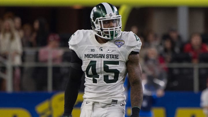Dec 31, 2015; Arlington, TX, USA; Michigan State Spartans linebacker Darien Harris (45) during the game against the Alabama Crimson Tide in the 2015  Cotton Bowl at AT&T Stadium. Mandatory Credit: Jerome Miron-Imagn Images