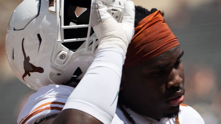 Texas White Team defensive line T'Vondre Sweat (93) runs into the tunnel after warm-ups ahead of the Texas White Team defensive line T'Vondre Sweat (93) runs into the tunnel after warm-ups ahead of the