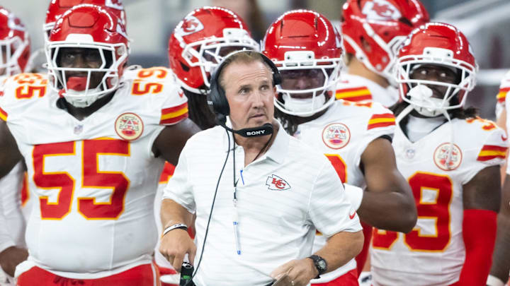 Aug 9, 2025; Glendale, Arizona, USA; Kansas City Chiefs defensive coordinator Steve Spagnuolo against the Arizona Cardinals during a preseason NFL game at State Farm Stadium. Mandatory Credit: Mark J. Rebilas-Imagn Images