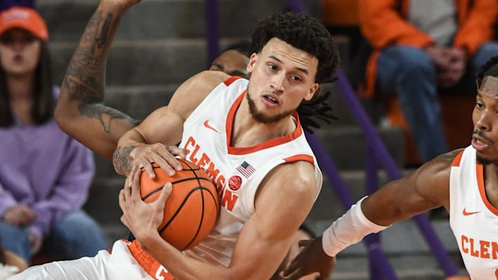 Clemson guard Chase Hunter (1) rebounds against Radford during the second half at Littlejohn Coliseum Thursday, November 21, 2024; Clemson, SC, USA.