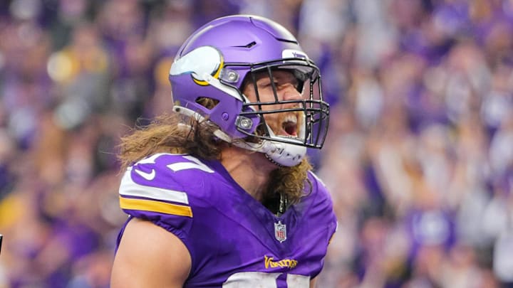 Nov 12, 2023; Minneapolis, Minnesota, USA; Minnesota Vikings tight end T.J. Hockenson (87) celebrates his touchdown against the New Orleans Saints in the second quarter at U.S. Bank Stadium. Nov 12, 2023; Minneapolis, Minnesota, USA; Minnesota Vikings tight end T.J. Hockenson (87) celebrates his touchdown against the New Orleans Saints in the second quarter at U.S. Bank Stadium.