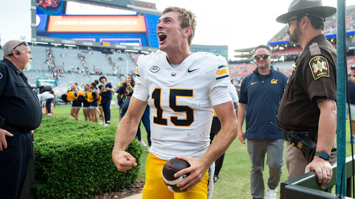 California Golden Bears quarterback Fernando Mendoza (15) celebrates with fans after the game as Auburn Tigers take on California Golden Bears at Jordan-Hare Stadium in Auburn, Ala., on Saturday, Sept. 7, 2024. California Golden Bears defeated Auburn Tigers 21-14.