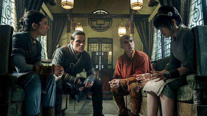 (L to R) Kiawentiio Tarbell as Katara, Ian Ousley as Sokka, Gordan Cormier as Aang, Miya Cech as Toph in season 2 of Avatar: The Last Airbender. 