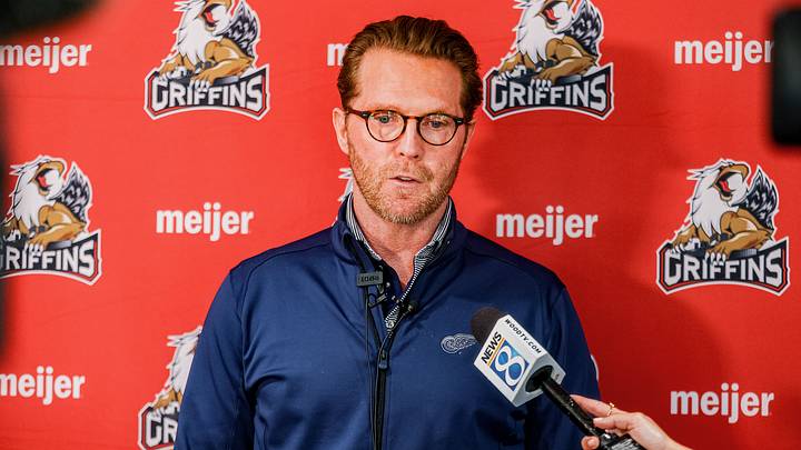 New Grand Rapids Griffins interim general manager Dan Cleary speaks with the media after Tuesday's practice at Van Andel Arena.