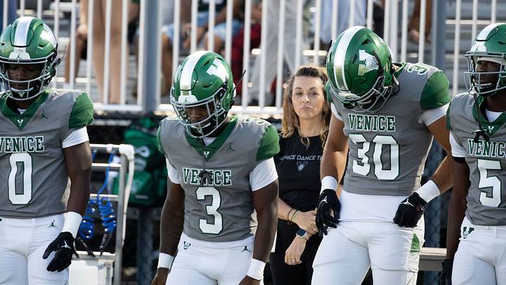 Venice takes the field before its 57-33 win over Sarasota on Friday night at Powell-Davis Stadium. The Indians improved to 6-0 with the victory. Venice takes the field before its 57-33 win over Sarasota on Friday night at Powell-Davis Stadium. The Indians improved to 6-0 with the victory.