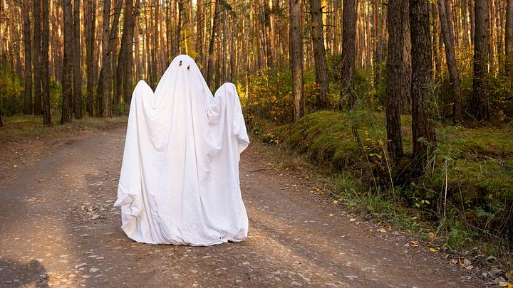 A child in sheets with cutout for eyes like a ghost costume in an autumn forest A child in sheets with cutout for eyes like a ghost costume in an autumn forest