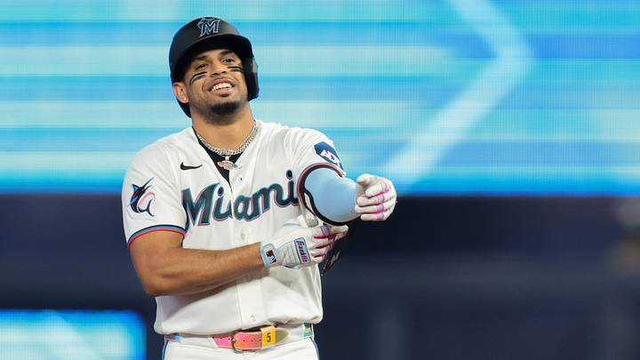 May 19, 2026; Miami, Florida, USA; Miami Marlins first baseman Christopher Morel (5) reacts from second base after hitting a double against the Atlanta Braves during the third inning at loanDepot Park. Mandatory Credit: Sam Navarro-Imagn Images