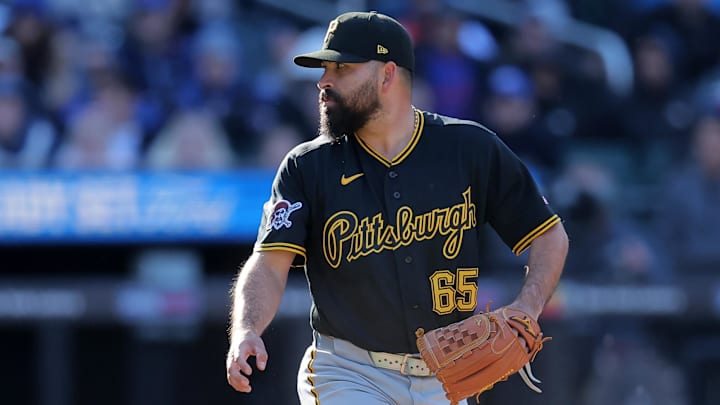 Mar 29, 2026; New York City, New York, USA; Pittsburgh Pirates starting pitcher Jose Urquidy (65) follows through on a pitch against the New York Mets during the tenth inning at Citi Field. Mandatory Credit: Brad Penner-Imagn Images