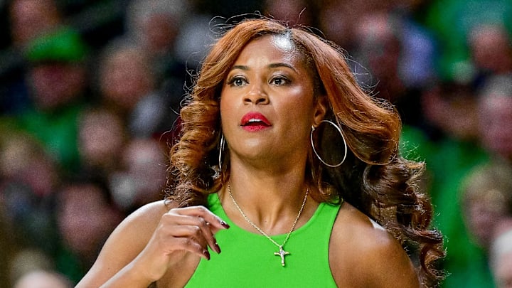Dec 12, 2024; South Bend, Indiana, USA; Notre Dame Fighting Irish head coach Niele Ivey watches in the second half against the Connecticut Huskies at the Purcell Pavilion. 