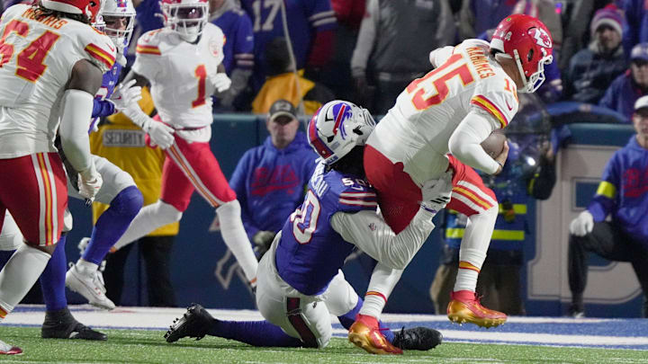 Buffalo Bills defensive end Greg Rousseau brings down Kansas City Chiefs quarterback Patrick Mahomes near the end zone during second half action against the Kansas City Chiefs at Highmark Stadium in Orchard Park on Nov. 2, 2025. Buffalo Bills defensive end Greg Rousseau brings down Kansas City Chiefs quarterback Patrick Mahomes near the end zone during second half action against the Kansas City Chiefs at Highmark Stadium in Orchard Park on Nov. 2, 2025.