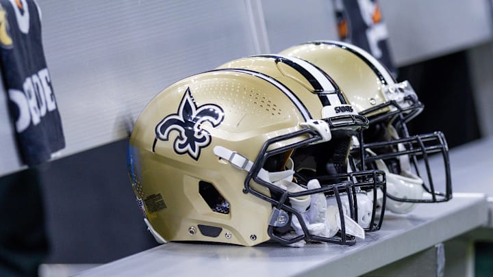 Aug 13, 2023; New Orleans, Louisiana, USA; Detailed view of New Orleans Saints helmets on the bench during the game against the Kansas City Chiefs during the second half at the Caesars Superdome. Mandatory Credit: Stephen Lew-Imagn Images