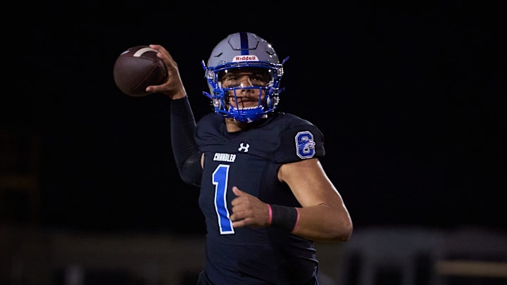 Oct 28, 2022; Chandler, AZ, USA; Chandler Wolves quarterback Dylan Raiola (1) makes a pass against