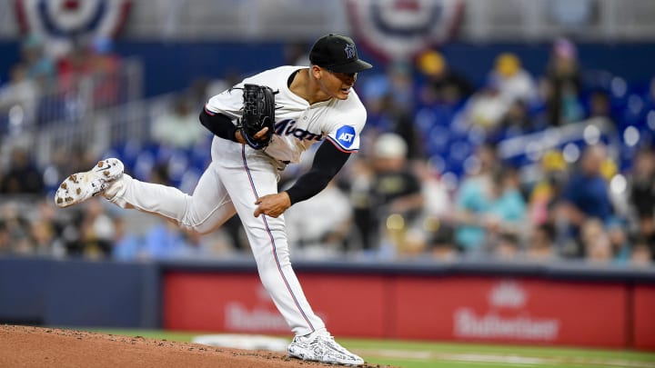 Mar 28, 2024; Miami, Florida, USA;  Miami Marlins starting pitcher Jesus Luzardo throws the ball