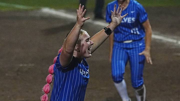 Waukee Northwest's pitcher Sophia Schlader (11) celebrates after winning over Ankeny Centennial in the 5A high school state softball championship July 24, 2026 in Fort Dodge, Iowa. Schlader committed to Oklahoma on Wednesday. Waukee Northwest's pitcher Sophia Schlader (11) celebrates after winning over Ankeny Centennial in the 5A high school state softball championship July 24, 2026 in Fort Dodge, Iowa. Schlader committed to Oklahoma on Wednesday.