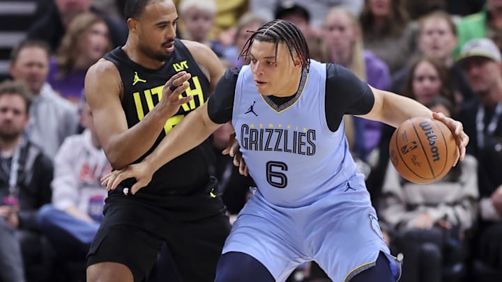Nov 1, 2023; Salt Lake City, Utah, USA; Memphis Grizzlies forward Kenneth Lofton Jr. (6) posts up